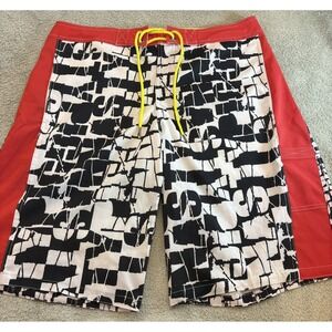 Nasty Pig Mens Board Shorts Size 36 Black White Red Abstract Graphic Swim Trunks